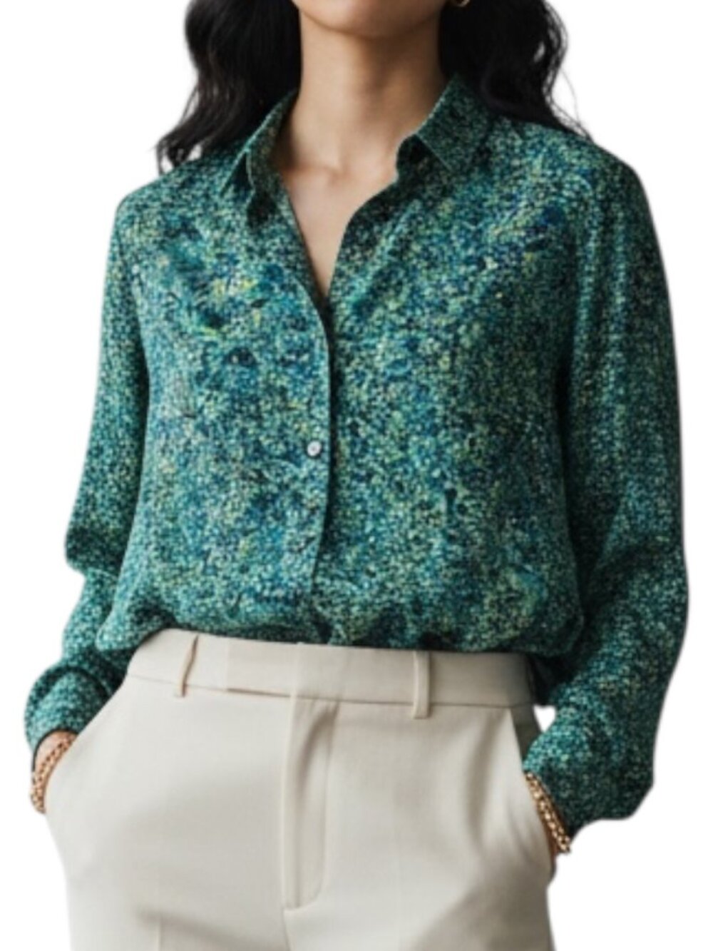 LOFT Ann Taylor Green Abstract Floral Dotted Blouse Button Up Long Sleeve Medium